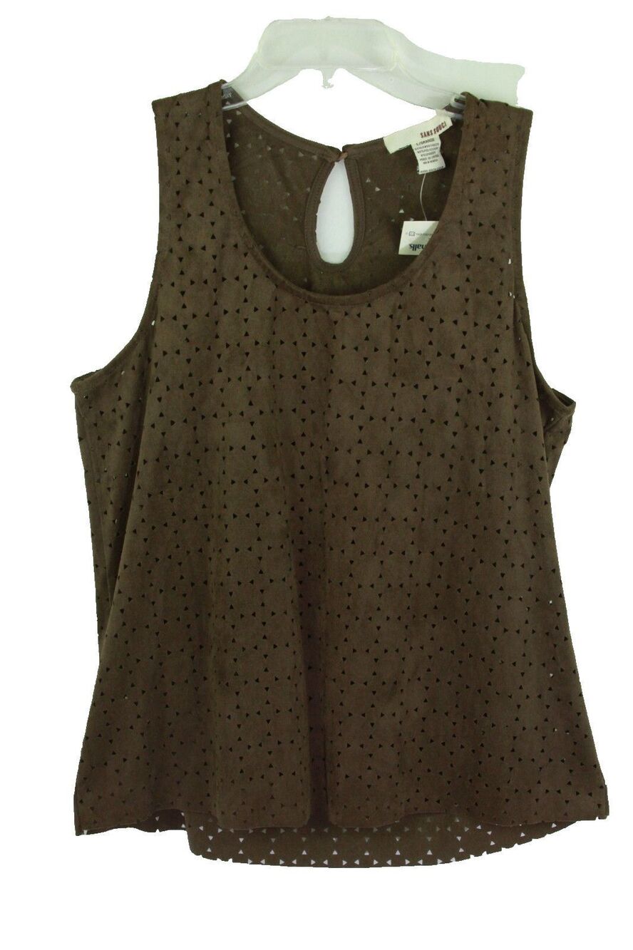 Sans Souci Tank Top Large Brown Faux Suede Cut-Out Perforated New